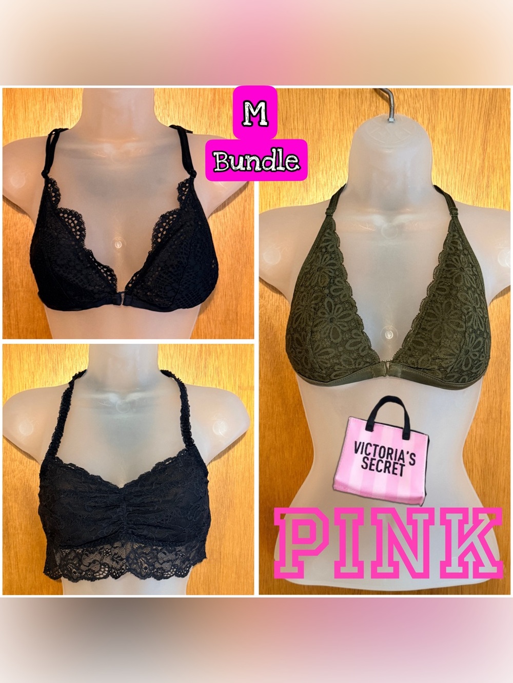 PINK Victoria's Secret Lace Bra 3-Piece Bundle sz M